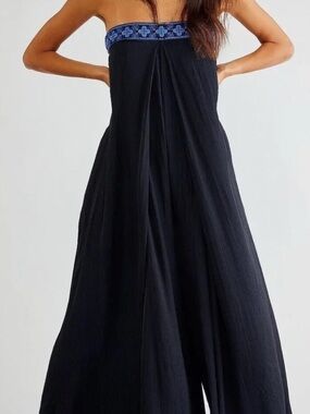 Free People Strapless Black and blue strapless jump with Blue Embroidered Trim